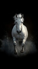 Majestic white horse gallops forward through a cloud of dust against a dark backdrop