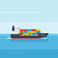 A container ship sails on blue water with a light blue sky background.
