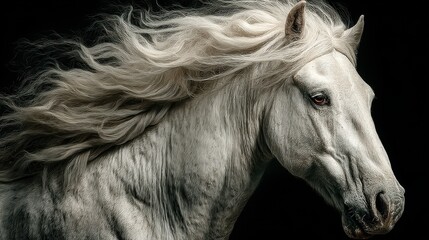 Majestic white horse with flowing mane illuminated against a dark background