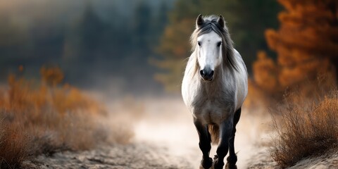 Majestic white horse walking through a misty forest path during golden hour