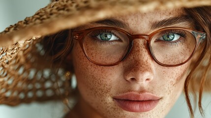 Freckled woman wearing glasses under a wide-brimmed straw hat showcasing summer style in soft natural light
