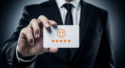 Businessman shows smiley face card, customer satisfaction, positive experience, feedback, review concept.