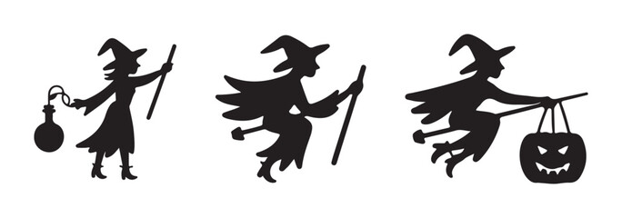 Halloween silhouettes haunted castles witches ghosts pumpkins spiders