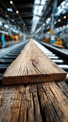 Wood plank on a conveyor belt in a factory setting during daylight hours