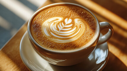Perfect cappuccino with latte art in warm morning light
