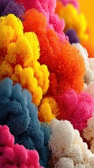 Vibrant colorful textures with soft, fluffy elements creating an abstract landscape filled with a range of hues