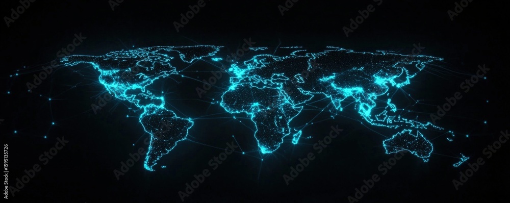Poster digital global map with glowing lines and nodes representing connections over a dark background illu