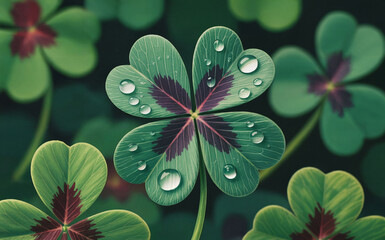 Clover leaf background or shamrock pattern for Patrick day background. Vector realistic shamrock clover leaves field background, Green clover leaves with blurred background