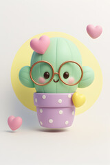 Cute 3D Cactus with Glasses and Hearts – Kawaii Style Plant Illustration