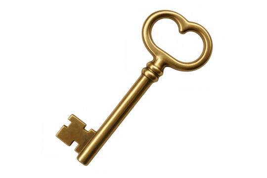 Classic golden key isolated on a transparent background, symbolizing opportunity, security, and access
