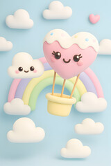 Cute 3D Heart Balloon with Rainbow and Clouds – Kawaii Pastel Style Illustration