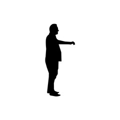 A simple black silhouette of a man standing, arms outstretched, appears against a plain white background.