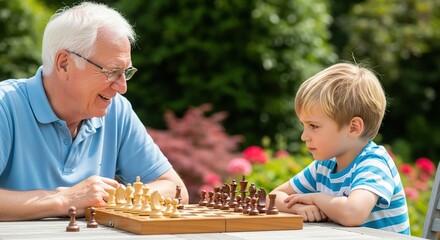 Grandfather and grandson playing chess outdoors in summer strategic family game activity fun time together