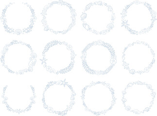Abstract sea shell, star fish, coral and seaweed doodle wreath illustration for decoration on marine life, nautical and summer beach concept.