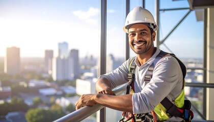 Smiling Construction Worker Leaning Over Railing with City Skyline