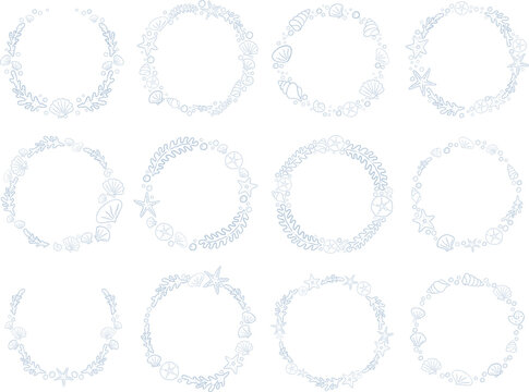 Abstract sea shell, star fish, coral and seaweed doodle wreath illustration for decoration on marine life, nautical and summer beach concept.