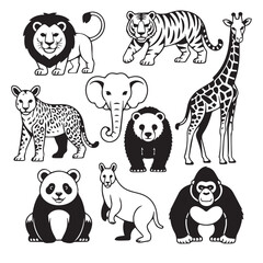 Obraz premium Assortment of animals in black and white line drawing art style including lion and panda