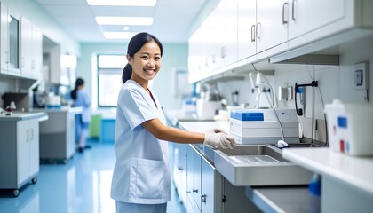 Smiling Healthcare Worker Preparing Medical Equipment in Clinic