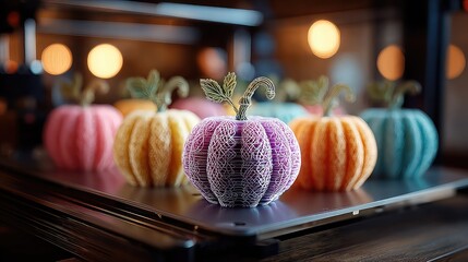 3D printer creates colorful pumpkin-shaped objects, representing smart food tech, experimental manufacturing, and the fusion of culinary design with additive printing technology.
