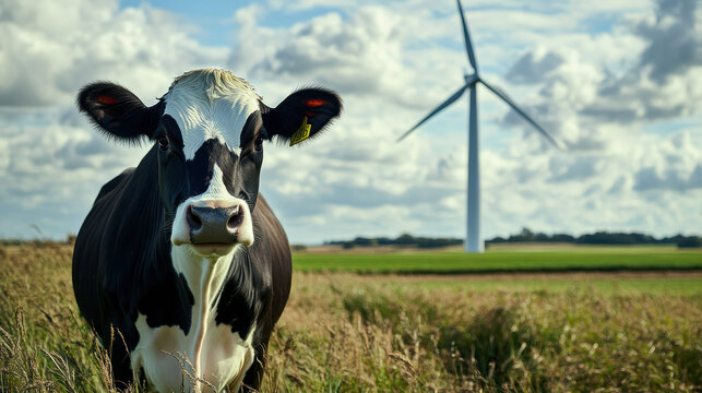 Black and White Cow Stands Proud on Green Energy Pasture
