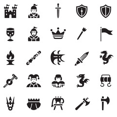 Obraz premium Medieval symbols collection depicts castle, knight, dragon, goblet, throne, and other icons