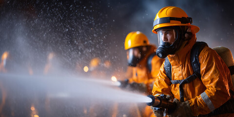 Fototapeta premium Brave firefighters tackling a fire with powerful water streams. The scene is filled with the intensity of the moment