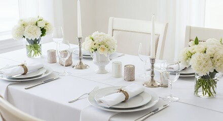 Fototapeta premium Elegant white table setting with floral centerpieces and folded napkins in a bright dining room.