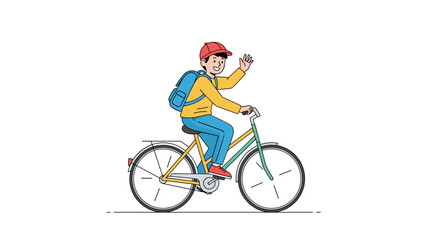 Fototapeta premium Young boy cheerfully rides his bicycle waving with his hand while wearing a cap and jacket enjoying the outdoors