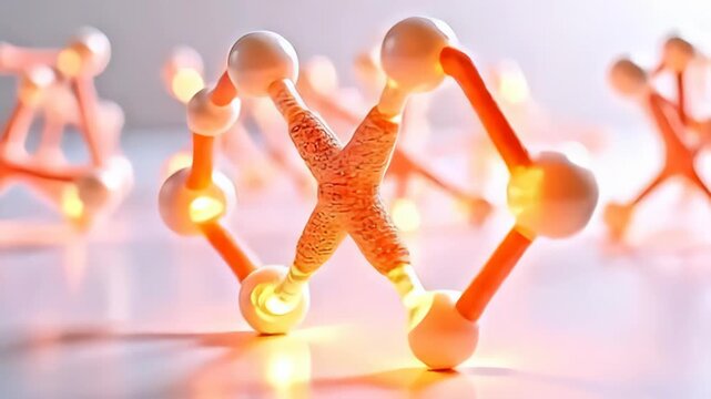 Visualize a dazzling glucose molecule orbiting itself in synchronized dance motion, where each bond shines with radiant oranges and soft pinks; its intricate rotations create stunning