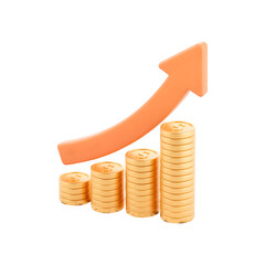 3d rendering Orange arrow pointing upwards over stacks of gold coins isolated on transparent background