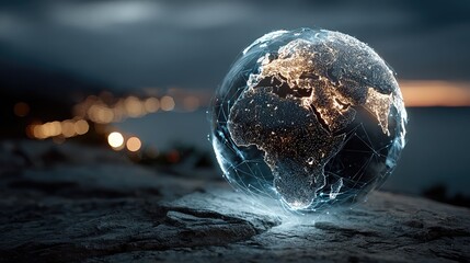 A glowing digital globe sits on the ground at night, surrounded by shadows, symbolizing global tech presence and connectivity.
