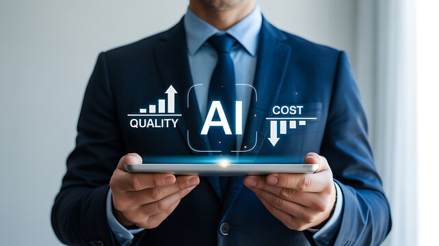 A businessman demonstrates the benefits of using artificial intelligence, with increased quality and reduced costs, all displayed on a sleek tablet for a modern presentation - Powered by Adobe