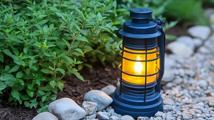 Fototapeta premium Dark blue metal lantern with a warm light in a garden setting.