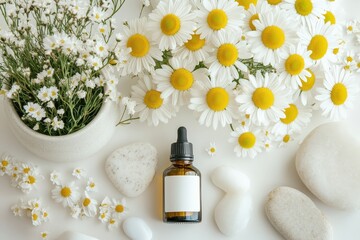 Natural Skincare Dropper Bottle with Daisy Flowers and Spa Stones on White Background