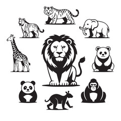Obraz premium Assortment of illustrated monochrome animals featuring lion, giraffe, tiger, and gorilla