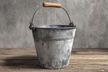Aged metal bucket on wooden table