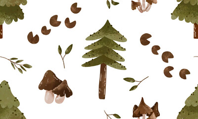Forest hand drawn watercolor seamless background with  trees, fir, spruce, mushrooms