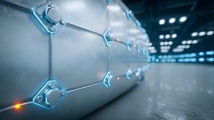 Naklejka premium A close-up of a storage tank casing designed for molten salt, showcasing warm glow reflections under precise lab lighting.