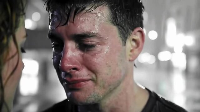 Slow motion scene of a love confession in the rain, one person speaking while the other tears up, black and white cinematic tone, loop at emotional climax