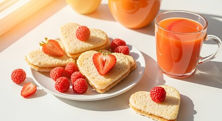 Fresh breakfast with pancakes topped with strawberries and raspberries, served with orange juice and elegant styling.