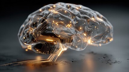 Abstract digital brain with circuit overlays pulses with light inside dark tech lab, representing AI memory networks