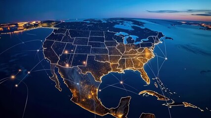 United States map illustration depicting interconnected network connections and city lights against a dark blue background - Powered by Adobe