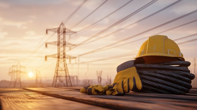 Construction Safety Gear with Electrical Cable &ndash; Sunset and High-Voltage Power Lines Background