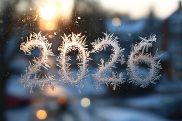 Frost-covered numbers "2025" on a window, winter sunrise