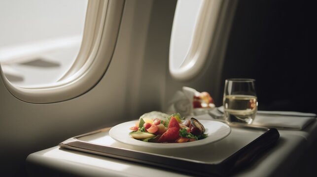 First-Class In-Flight Meal on Tray Table – Elegant Food Setup with Airplane Wing View from Window