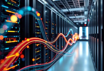 Abstract data streams flowing through server racks in a modern data center,  analysis,  network