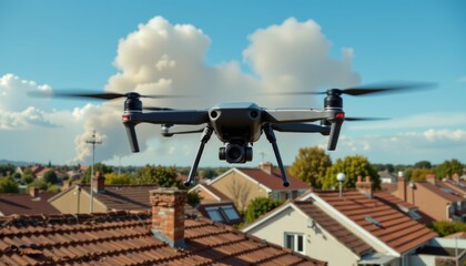 Drone flight over suburban homes aerial photography clear sky modern technology perspective