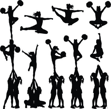 Vector art of silhouettes of cheerleaders performing acrobatic stunts and cheering isolated on white background