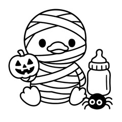 Kawaii baby duck in mummy costume holding jack-o’-lantern, Halloween coloring page
