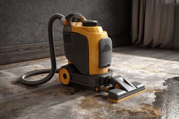 Yellow and gray upright vacuum on a carpet floor
